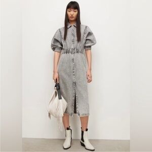 All Saints Gray Midi Dress with Puff Sleeves and Notched Collar, SIZE 2 US